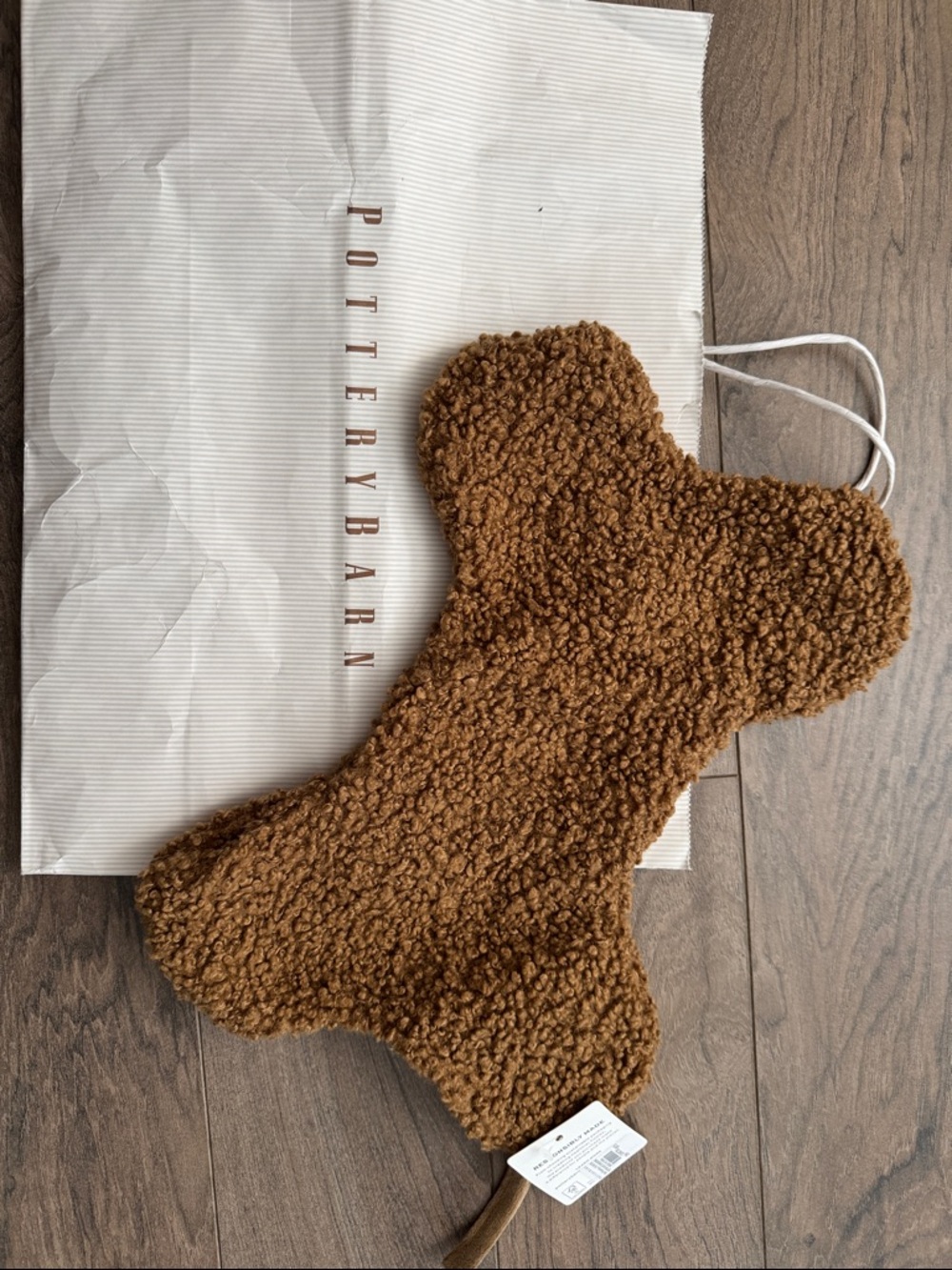 Pottery Barn stocking /bone shaped in soft Sherpa curly material,  caramel brown